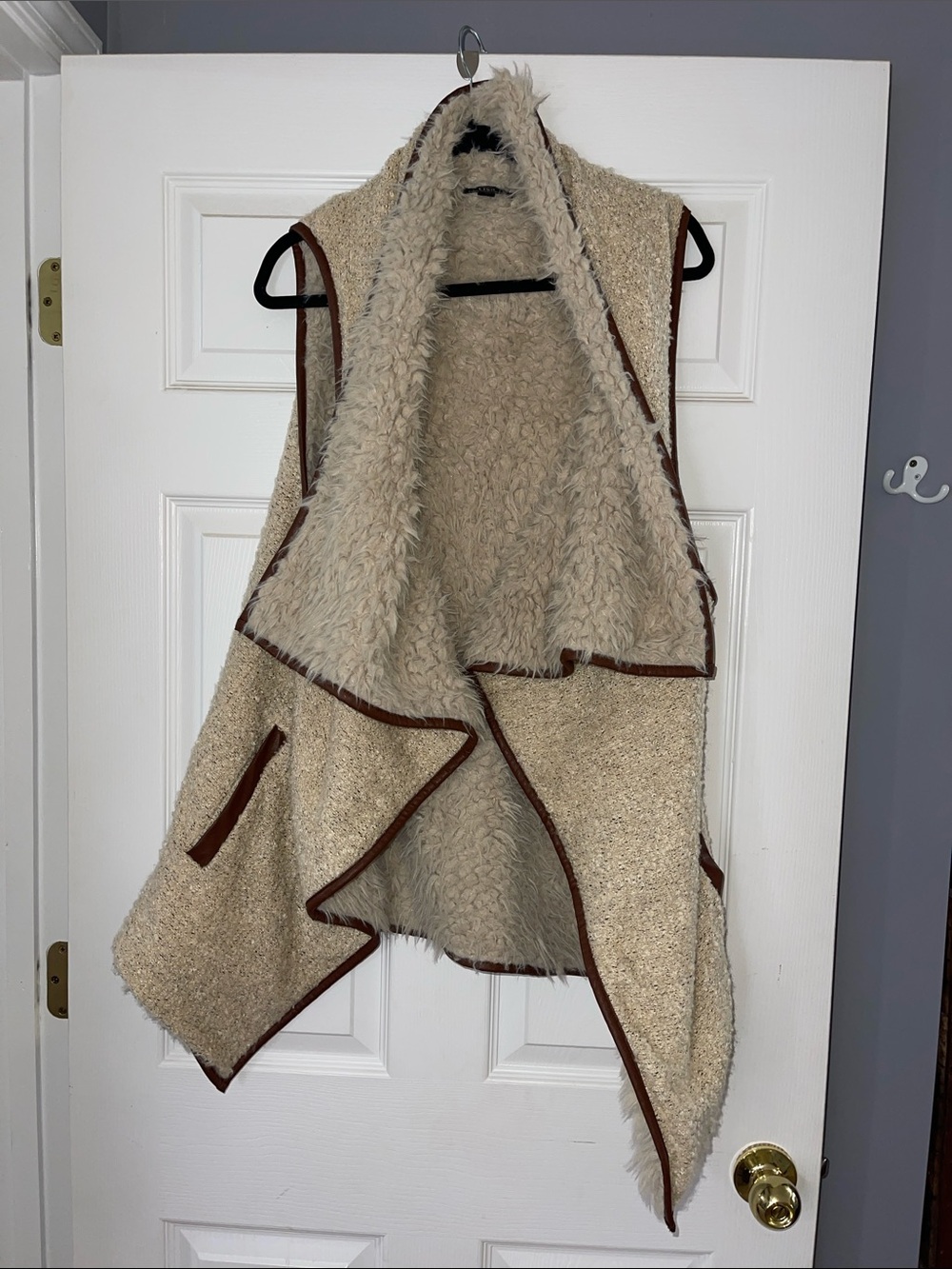 Cozy Cream Sherpa Drape Vest with Brown Trim
